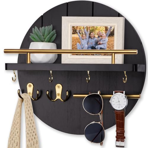 Nekon Key Holder Wall Mount, 11.8 Inch Key Rack with Shelf and 6 Key Hooks, Rustic Key and Mail Organizer, Circular Wooden Key Hanger for Entryway Hallway Kitchen (Black&Gold)