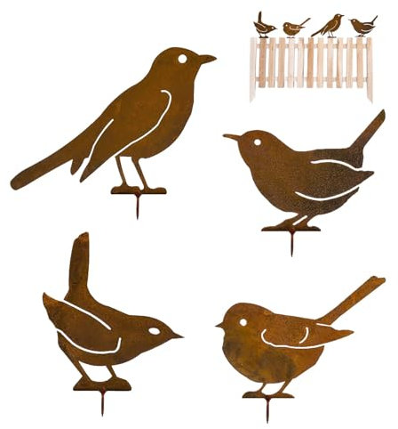 ChaneeHann Gartenstecker Rost Deko,Garten Deko 4 Rost Metall Vögel Gartenstecker mit Schraube, Vogel Metallkunst Deko für Draußen Herbstdeko Outdoor