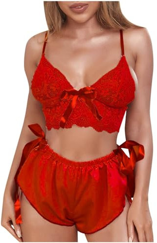 PARUPRUP Women Sexy Lace Bra and Satin Panty Set Bralette Lingerie 2 Piece Babydoll Nightwear (Red, One Size)