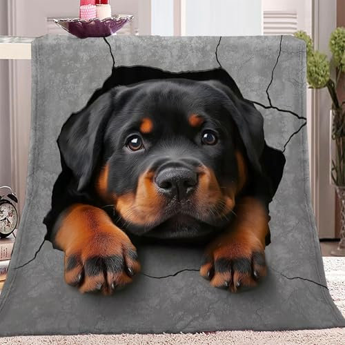 Kuscheldecke Flauschige Personalisierte SüßEr Rottweiler Bedruckte Decke, 130 x 150 cm Bedruckte Kuscheldecke weiche Decke Schwarz Braunes Geeignet als Decke für Bett und Sofa