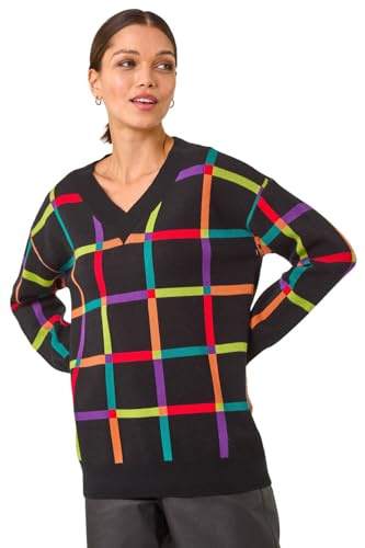 Roman Originals Grid Pattern V-Neck Knit Jumper for Women UK - Ladies Everyday Autumn Winter Round Neckline Comfy Soft Evening Vacation Work Party Night Out