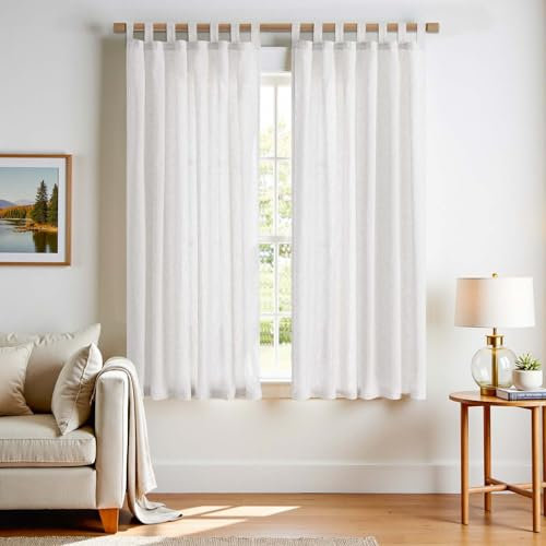 TOPICK Weiß Gardinen mit Schlaufen Leinen Vorhänge für Wohnzimmer Schlafzimmer Stores Fenster Lichtdurchlässig Lichtfilterung Vorhang Bauernhaus Landhausstil Gardine küche 2er Set 140Bx175H (cm)