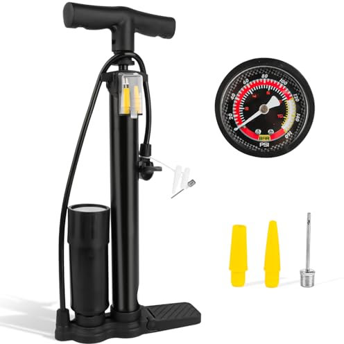 Bomba Bicicleta, Inflador Bicicletas con ManóMetro de 160 PSI, Portátil Hinchador Bicicleta con VáLvulas Presta Y Schrader, Bomba de Aire Bicicleta para Neumáticos, Pelotas, Todas Las Válvulas