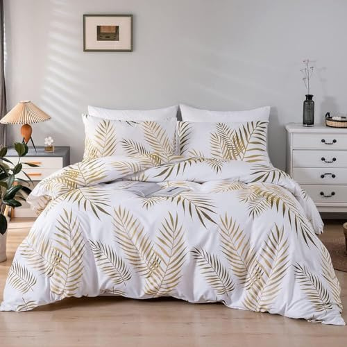 Gezu Bettwäsche 155x220cm Gold Weiß Blätter Muster Bettbezug Set 3 Teilig Weiche Atmungsaktiv Microfaser Deckenbezug Bettbezug 155x220cm mit Verdecktem Reißverschluss und 2 Kopfkissenbezug 80x80cm