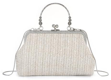 EVEOUT Pochette en Paille Femme avec Chaîne été élégant Clutch Raphia Mariage Fête Retro Sac à Main Tissé Bandoulière pour Plage Vacances(Beige)
