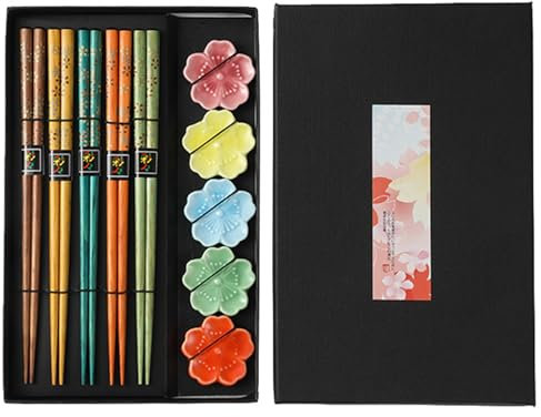Zuzer 5 Pares Palillos Chinos de Madera,Reutilizables Chopsticks Sushi Palillos con Soportes,Juego de Regalo de Palillos Japonés