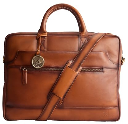 DE LAMASSU® Hugo Laptoptasche Leder – 15,6 Zoll Notebooktasche Herren Damen – Schmale Businesstasche mit Trolleyband – Schultertasche mit Reißverschluss – Geschenkverpackung (Hellbraun)