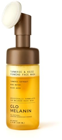 Glo Melanin Turmeric & Kojic Foaming Face Wash – Brightening Foaming Cleanser with Scrubber Top, Rose Water, Vitamin C, Aloe & Kojic Acid – Natural, Paraben-Free, 4 fl oz, 120 ml