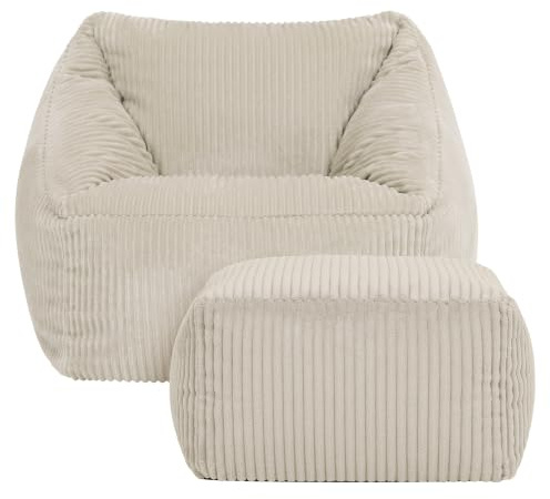 Icon Natalia Sitzsack Kinder mit Hocker, Beige, Flauschiger Cord Stoff, Sitzsack Cord mit Füllung, Bequemer Kinder Sessel, Kuschelsessel, Lese Sessel, Schlafzimmer, Kinderzimmer, Spielzimmer