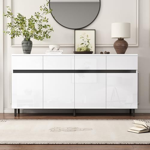 BTM Storage Cabinet, Sideboard Buffet with 4 Drawers 4 Doors, High Gloss Cabinet with Adjustable Shelves, Chest of Drawers, Standing Cabinet, Cupboard Buffet, 160 * 40 * 68cm, White