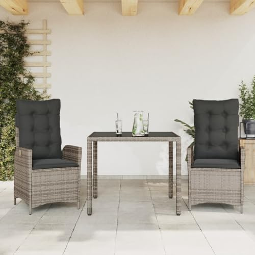 Mandloder 3-TLG. Garten-Essgruppe mit Kissen, Grau Poly Rattan, verstellbare Relaxsessel, Glastisch 90x90cm, UV-beständig, für Balkon, Terrasse, Outdoor-Möbel Set