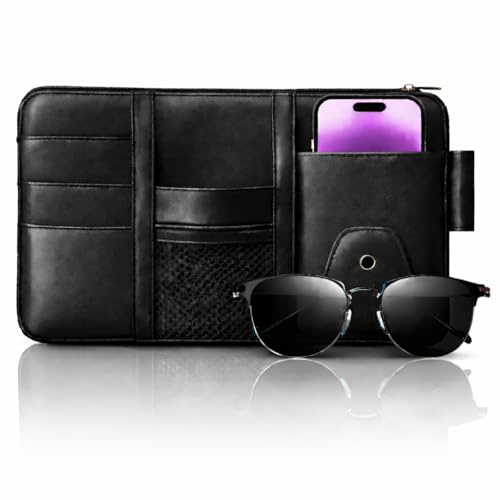 CanQuanSWZX Car Sun Visor Organizer with Storage Pockets, Auto Interior Leather Storage Pocket Pouch, Universal Car Organiser for Cards Sunglasses Pens Car Accessories Interior and Van Accessories