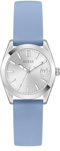 Guess Alice Damen Uhr 32 mm Edelstahl – Quarz Analog Armbanduhr Silikonarmband Blau, Fashion Uhr Damenuhr Silber mit Datum Leuchtzeiger, 3 bar GW1033L1