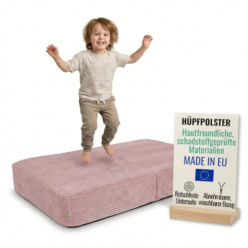 Pillows24 Hüpfpolster für Kinder Indoor 70x110x17 cm, mit abnehmbarem Bezug | Hüpfkissen mit Federn & Schaumstoff, Kindertrampolin für Zuhause, Hüpfmatte mit Cordbezug, Trampolin indoor kinder, Rosa