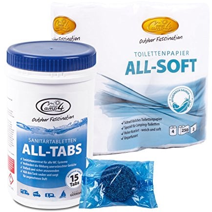 Camp 4 All Tabs Toilettentabletten 15 st für Abwassertanks + 4 Rollen All Soft Toilettenpapier für Wohnmobil und Boot