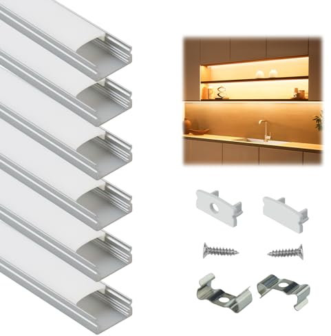 Muzata 6-Pack 3.3ft/1Meter 8x17mm U Shape LED Aluminum Channel System with Cover, End Caps and Mounting Clips Aluminum Profile for LED Strip Light Installations U1SW WW, LU1…