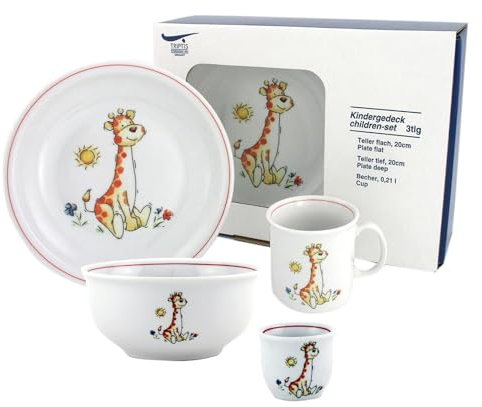 Kindergeschirr 5-teilig Giraffe, Porzellan Kindergeschirr mit Kinderteller flach, Kinderteller tief, Kindertasse, Müslischale, Eierbecher, Geschirr, Gedeck, Zoo, Tiere, Kinderservice