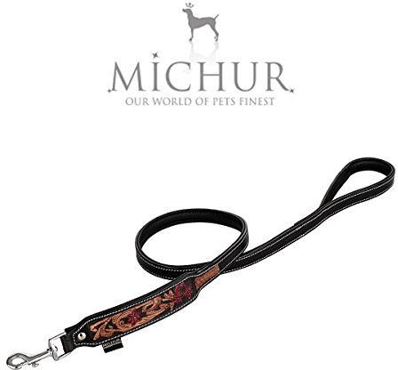 MICHUR Flora Hundeleine Leder, Lederleine Hund, Hundeleine, SCHWARZ Rot Braun, Leder, mit roten Blumenmuster, Gr. 150 x 2,5cm