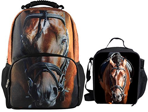 Chaqlin Tiere Husky Mops Tiger Mädchen Jungen Filz Schultaschen Rucksack Mittagessen Taschen 2 Stück Braun Braunes Pferd Einheitsgröße
