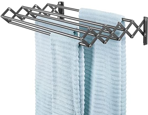 mDesign Wäscheständer aus Metall – ausziehbare Wäscheleine mit 8 Stangen für den Waschraum – platzsparender Akkordeon Trockenständer zur Wandmontage – dunkelgrau