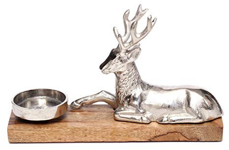B- Ware Brillibrum Design Teelichthalter groß mit Hirschfigur Kerzenhalter auf Mangoholz REH aus Metall Kerzenständer für Teelicht mit liegenden Dekofigur Hirsch Silber Teelichthalter Holz