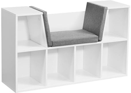 Wohnling Design Regal mit Sitzfläche 101,5 x 61,5 x 30 cm Weiß Matt, Standregal mit Sitzauflage in Grau, Sitzbank mit 6 Fächern