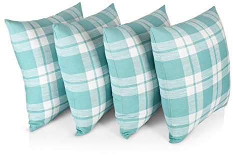 Penguin Home Set of 4 100% Slub Cotton Fabric Cushion Covers 45cm x 45cm Double Sided Square Pillow Covers with Invisible Zipper Pillow Cases for Living Room, Bedroom, Sofa (White/Turquoise)