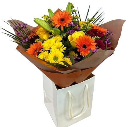 Radiant Hand-Tied Bouquet, Mixed Seasonal Flowers, Orange, Yellow, Red | Birthday, thank you or get well gift with mixed seasonal flowers, hand-tied design, gift message card and simple care tips