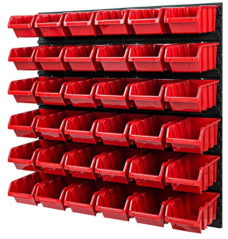 Stapelboxen Lagersystem - 772 x 780 mm - Wandregal 36 Stück Boxen Werkzeuglochwand Schüttenregal (Rot)