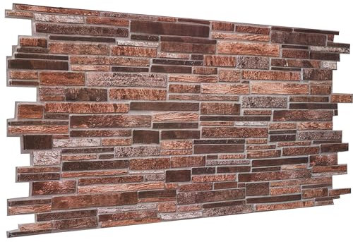3D Wandpaneele, 10er-Set, Abdeckung von 4,6 qm – Dekorative Wandverkleidung aus Kunststoffplatten, Panel Größe 96 x 48 cm für Küche, Wohnzimmer, Bad, Büro – Kupferbraune Schlanke Stein Effekt