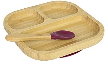 BIOZOYG Juego de platos de bambú cuadrado I Plato ventosa con cuchara - Certificado FSC I Juego de cuencos de madera de bambú para niños - Plato infantil I bebé vajilla de bambú cuadrado rojo