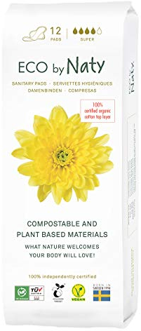 Eco by Naty Damenbinden Super – Pflanzliche und saugfähige Bio-Hygienebinden mit Flügeln, Menstruationsprodukt aus Bio-Baumwolle, Besser für die weibliche Gesundheit (12 Stück)