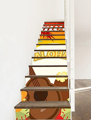 A.Monamour Treppenaufkleber Folie Selbstklebend 3D Hawaii Aloha Palme Strand Sonnenuntergang Silhouette Vinyl Wasserdicht Treppe Aufkleber Fliesenaufkleber Abziehbilder Wandaufkleber 13 Stück Set
