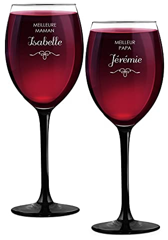 Maverton Ensemble de 2 Verres à vin Personnalisés - 330ml Verre a vin rouge et blanc - Cadeau Personnalisé pour Parents - Cadeau Couple - Classic Verre à pied noir - Parents