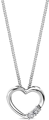 MIORE Schmuck Damen 0.04 Ct Diamant Halskette mit Kettenanhänger Herz mit 2 Diamanten Brillanten Kette aus Weißgold 9 Karat / 375 Gold, 45 cm lang