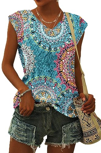 WNEEDU T-Shirt Damen Sommer V Ausschnitt Tank Top Locker Bluse Oberteile Top Sommer Damen Leicht und Luftig mit Flügelärmeln Blumengrün M