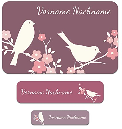 50 x personalisierte Namensaufkleber Sticker mit Wunschname Klebeetiketten zum Markieren Stifte Hefte mit Kinder Name Schule Kindergarten Aufkleber Set (21 Vogel)