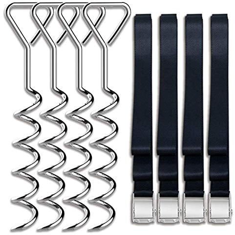 Lodokdre Duty Trampoline Parts Corkscrew Shape Steel Stakes Anchor Kit for Trampolines- 4 Silver 4 Strong Belt
