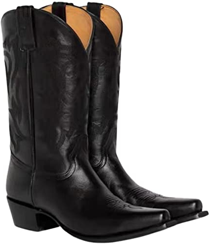 Botas de Mujer Vaquero Bordadas Occidentales Con Punta Puntiaguda, Retro, Tacones Cuadrados, Tubo Medio Sin Cordones, Talla Grande 45, Negro, 44