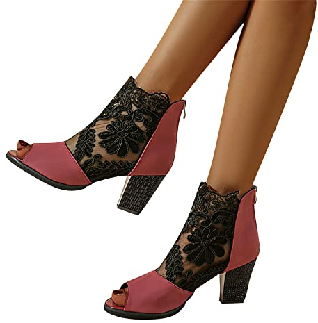tinetill Sandali Donna Eleganti Décolleté a Punta retrò Scarpe Tacco Largo Stivaletti Punta Tonda Motivo Floreale Mesh Hollow Tulle Strass Comodi Stivali Estivi Scarpe da Donna Scarpe da Festa