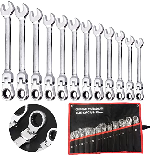 PUTEKCO 12Tlg Gelenk Ratschenschlüssel Set, 8~19mm Gabelschlüssel Ringmaulschlüssel Ring Ratschenschlüssel Satz, Mit 72 Zähnen, 5° Schwenkbereich, Chrom Vanadium Stahl, Oxford Tasche