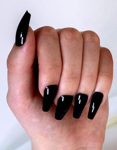 AiN Katy - Ballerina con diamanti neri – chiodi da incollare 24 pezzi – Press on nails nero corto autoadesivo lungo bacio unghie nere rosse artificiali da incollare natale