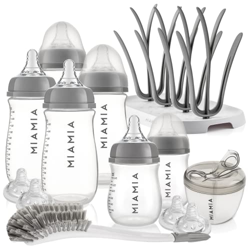 MiaMia 13-tlg. Babyflaschen Set – 6 Flaschen mit Silikon-Trinksaugern | Inkl. Milchpulverportionierer, Bürste & Abtropfständer | BPA-frei, Anti-Kolik & spülmaschinenfest | 2x 140 ml & 4x 260 ml