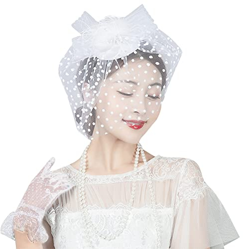 Fascinator Hut Handschuhe Set Damen Cocktailparty Hut Feder Blumen Kopfschmuck Mesh Retro Hochzeitsschmuck Braut Haarschmuck Clip Brauthut Organza Elegant Pillbox Hut Mädchen Tee Party Kirche Weiß
