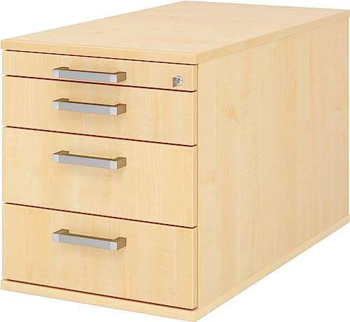 bümö Rollcontainer mit Schubladen, Container abschließbar aus Holz in Ahorn - Rollwagen für's Büro als Schreibtisch Unterschrank, Bürocontainer od. Schreibtischcontainer mit Chromgriffe