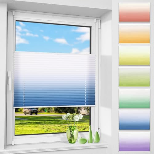 Allesin Plissee ohne Bohren mit Farbeverlauf, Blau-Weiß 75x130cm(BxH), Plissees Klemmfix, Plisseerollo Jalousie Rollos für Fenster und Tür, Sichtschutz und Sonnenschutz