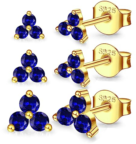 MASOP Ohrstecker Gold Set, 3 Klein Blau Zirkonia Silber 925 Ohrringe Stecker 585 Vergoldet 3mm/4mm/5mm Schmuck Geschenke für Frauen Damen Mädchen