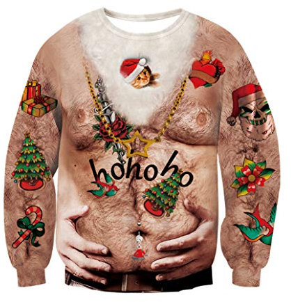 RAISEVERN Christmas Sweater Herren Männer Coole 3D Druck Brusthaar Weihnachtspullover Hässliche Damen Lustige Weihnachtspulli Party Geschenk, L