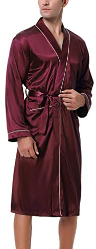 Bresdk Peignoir Homme Satin Peignoir de Bain Robes de Chambre Manches Longues Vêtement de Nuit Pyjama Kimono Léger et confortable couleur unie, A-Rouge, XL