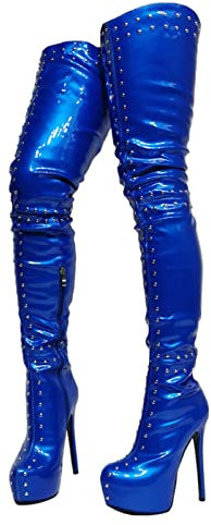 Stivali sopra Il Ginocchio in Pelle Verniciata da Donna, Stivali Alti alla Coscia con Plateau e Zeppa con Tacco a Spillo, Stivali Alti,Blu,44